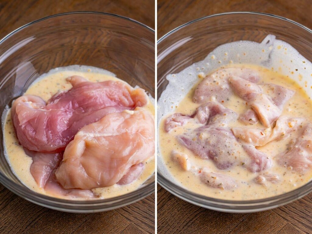 Add the thin sliced chicken breasts and coat them well. Cover and refrigerate for 30 minutes or longer.