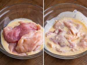 Add the thin sliced chicken breasts and coat them well. Cover and refrigerate for 30 minutes or longer.