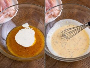 In a large bowl, whisk together the Italian dressing and ranch dressing to make the marinade.