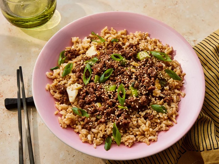 Serve the beef over hot cooked brown rice