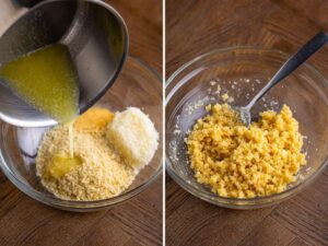 Stir together the panko breadcrumbs, parmesan, garlic powder, and melted butter for the topping. Set aside.