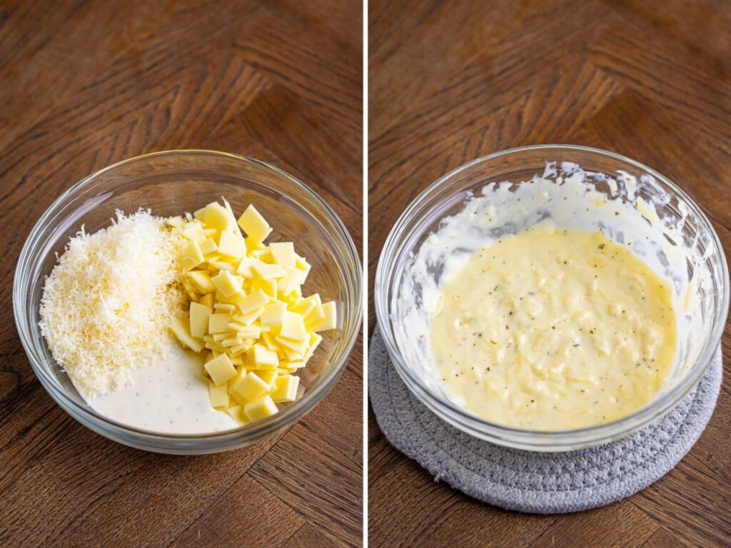 When it is time to cook, make the sauce by mixing the provolone, parmesan, and ranch dressing. Microwave in 30-second steps, stirring between each one, until mostly melted. Set aside.