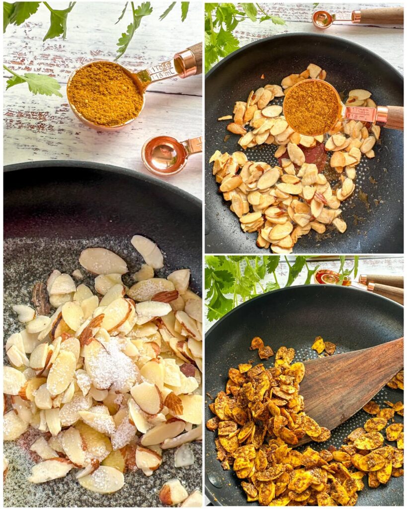 When the almonds begin to lightly brown, add the curry powder. Stir constantly and toast for about 1 minute until fragrant. Remove from the heat and scrape the mixture into a small bowl to cool.