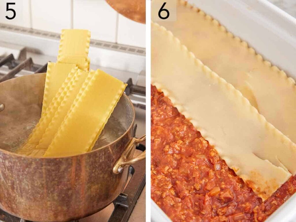 Lightly grease a 9×13-inch casserole dish. Spread 2 cups of meat sauce over the bottom. Lay 4 noodles in an even layer, slightly overlapping if needed. Spread half of the cheese filling over the noodles.
