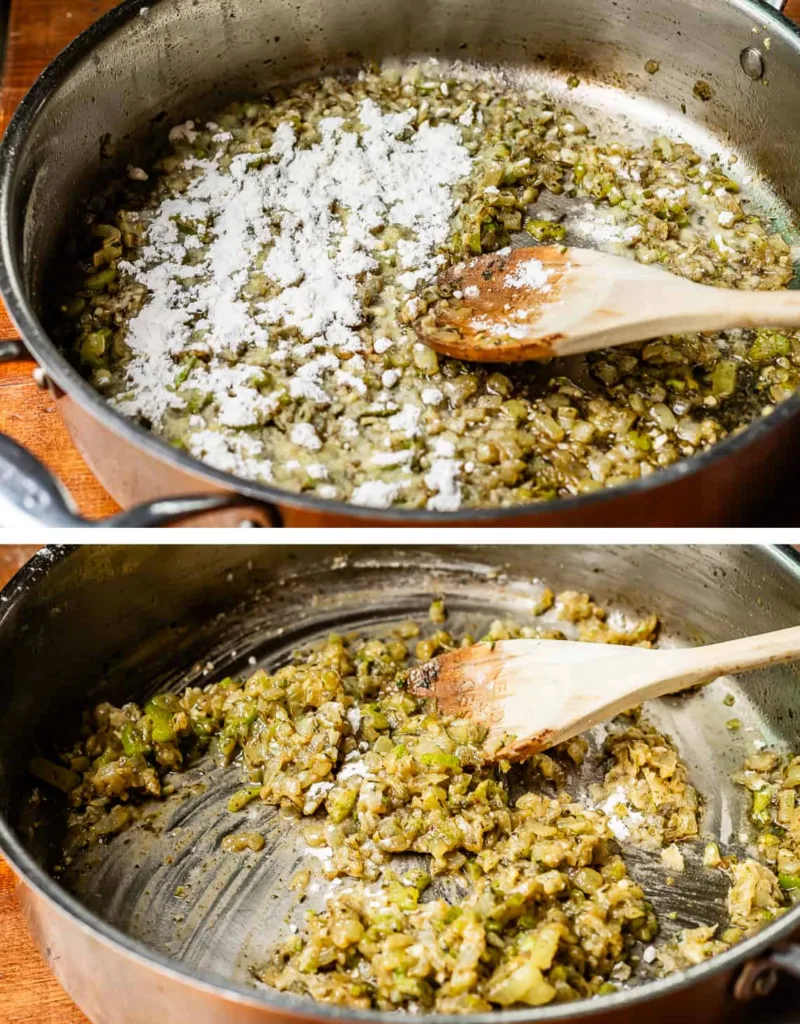 Lower the heat and melt butter in the same pan, then cook the onion and celery until soft before adding garlic and cooking until fragrant.