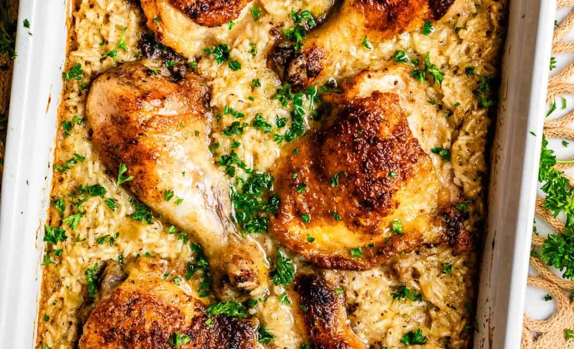 Remove the foil and continue baking, increasing the heat at the end to brown the chicken and allow the casserole to become bubbly and fully cooked.