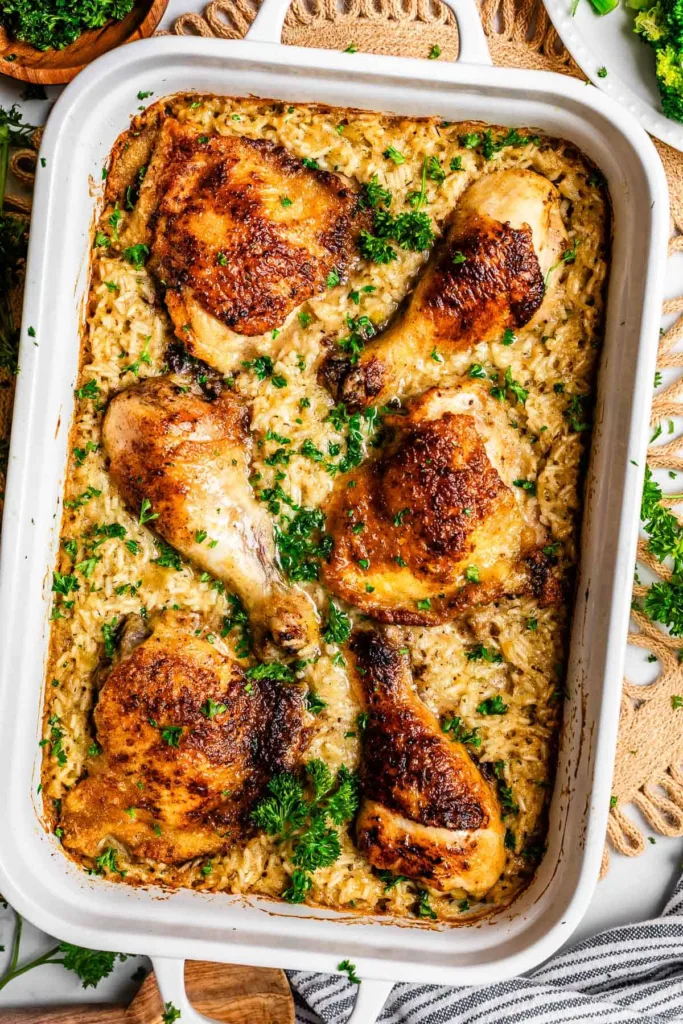 Remove the foil and continue baking, increasing the heat at the end to brown the chicken and allow the casserole to become bubbly and fully cooked.