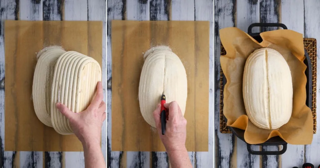 Transfer the dough onto parchment paper, score the top, and carefully place it into the hot Dutch oven.