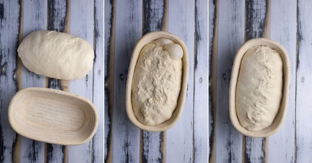 Place the shaped dough into a floured banneton, cover it, and refrigerate for a cold fermentation period.
