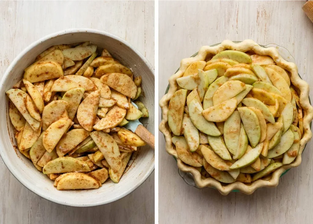 In a large bowl, mix the apple slices with sugar, flour, lemon juice, cinnamon, cloves, nutmeg, and vanilla until all pieces are evenly coated.