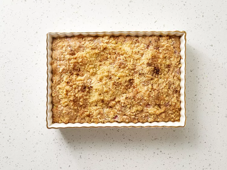 Bake until the cake is golden and a toothpick inserted into the center comes out clean.