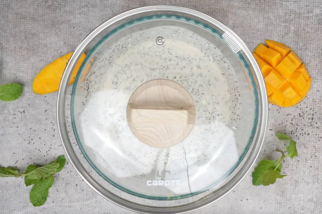 Cover the bowl and let the mixture rest for about 30 minutes, allowing the chia seeds to begin absorbing the liquid and thickening slightly.
