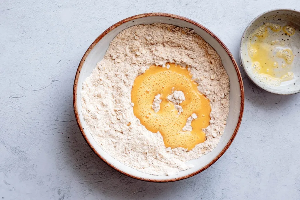 Add the beaten egg and mix the topping thoroughly with your hands, squeezing and pinching the mixture until moist clusters begin to form.