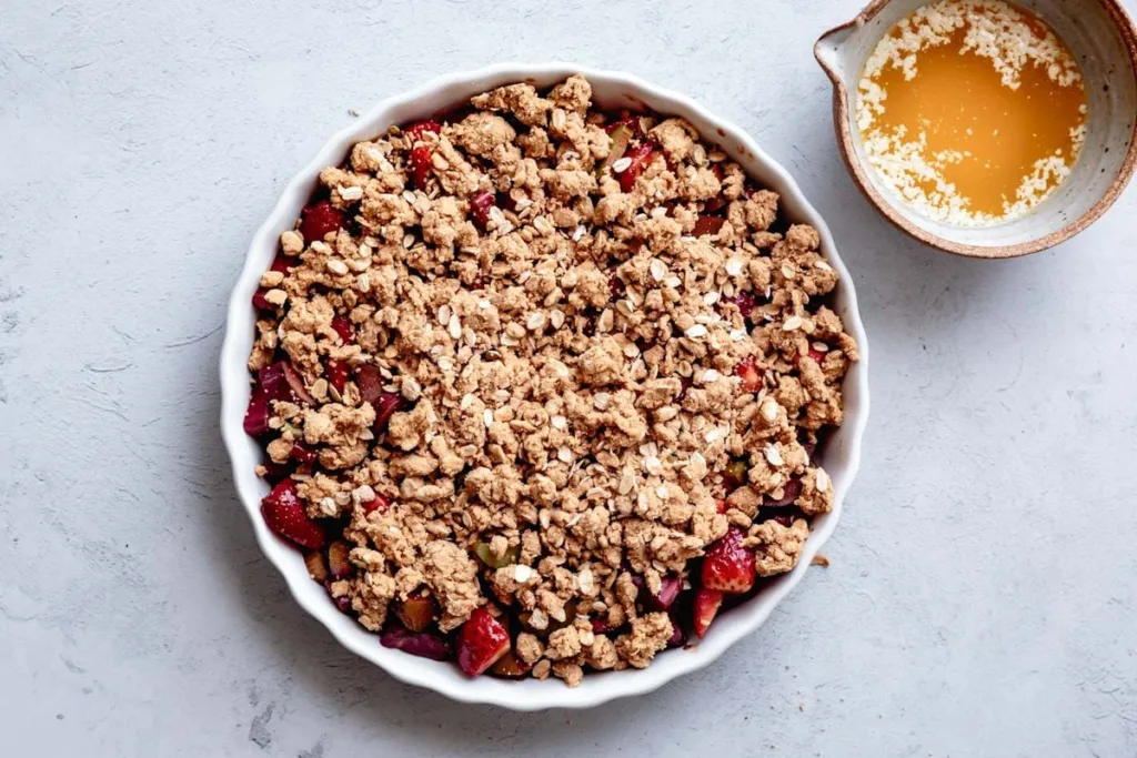 Sprinkle the topping evenly over the fruit filling, covering the surface without pressing it down too firmly.