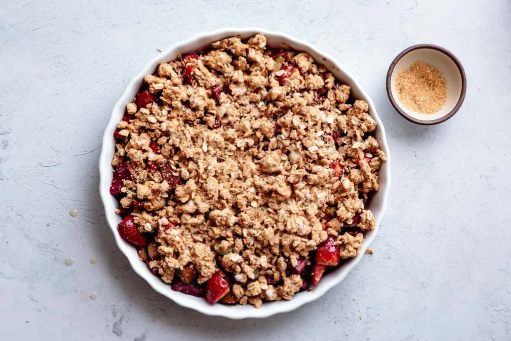 Drizzle the melted butter evenly across the topping and finish with a sprinkle of coarse sugar for extra crunch.