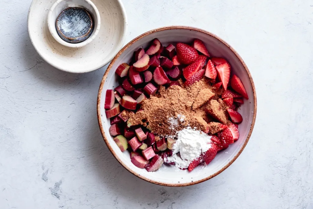 In a medium bowl, whisk together the brown sugar, cornstarch, and salt, then add the rhubarb and strawberries and toss gently until the fruit is evenly coated.