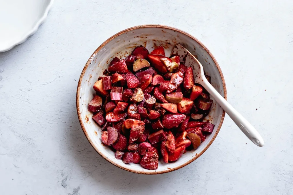 Spread the fruit mixture evenly into the prepared baking pan and set it aside while preparing the topping.