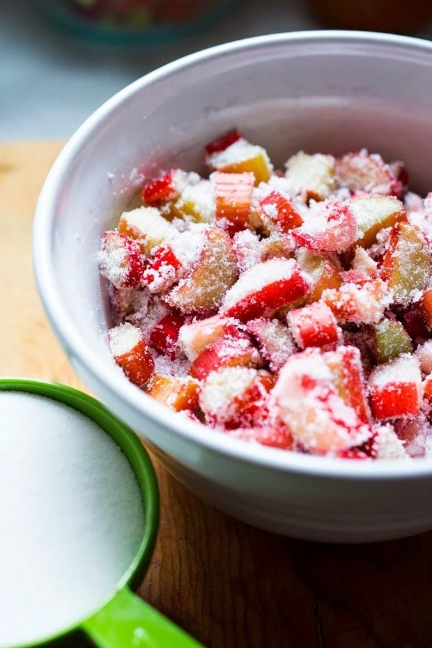 Combine the diced rhubarb and sugar in a small bowl, stirring until the rhubarb is evenly coated with sugar.