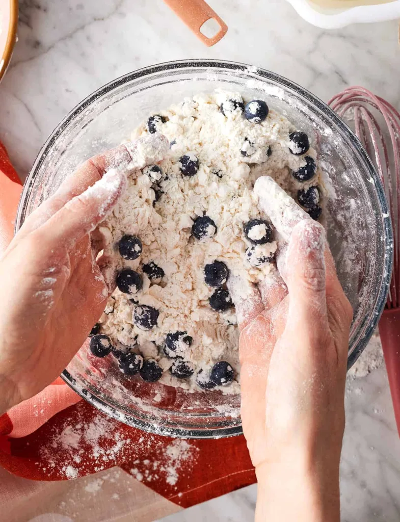 Add the blueberries and gently toss them into the flour mixture so they are evenly distributed.
